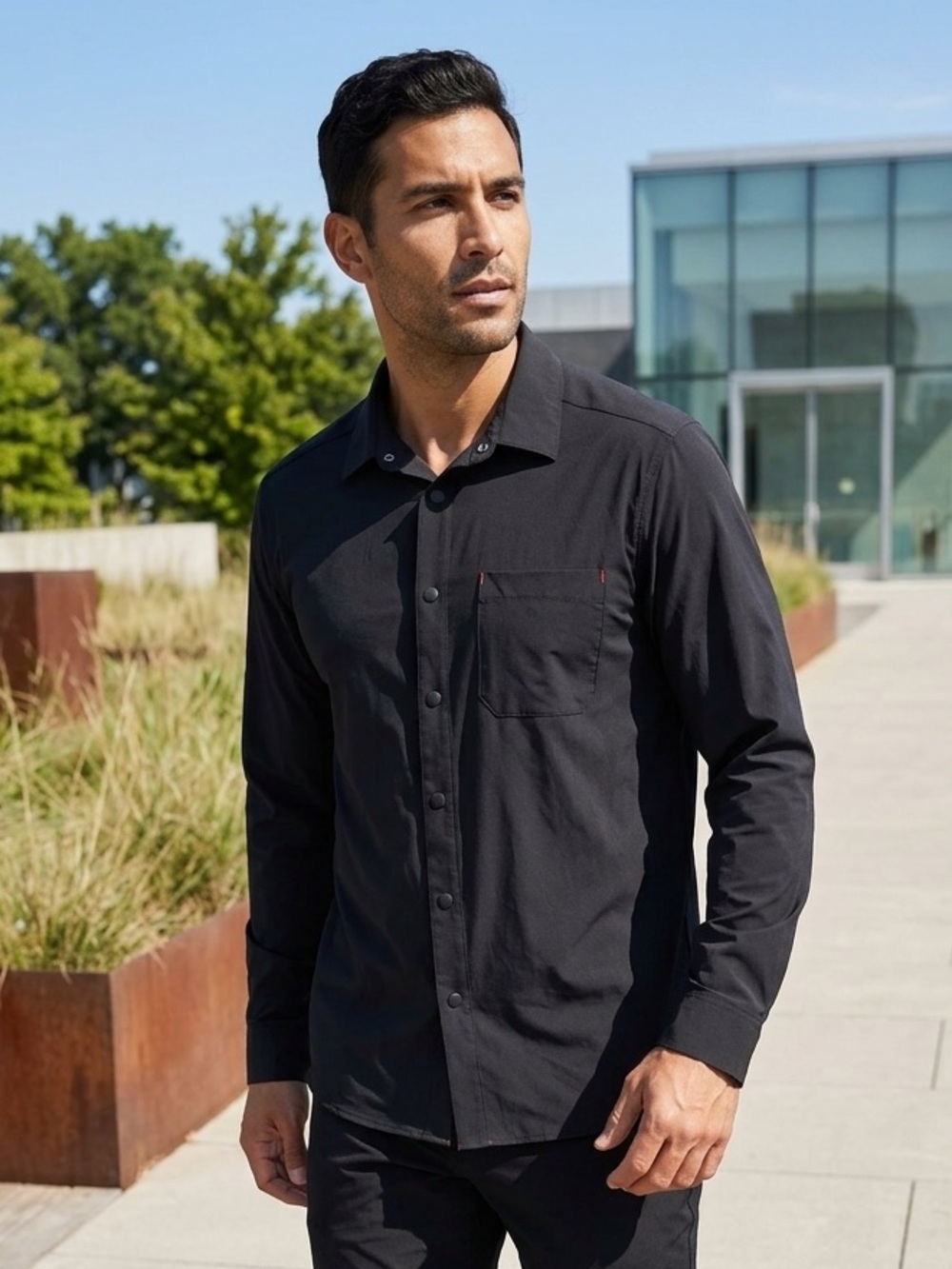 Take 50% OFF- George Black Long-Sleeve Button Shirt with Subtle Red Stitch, Sz-M